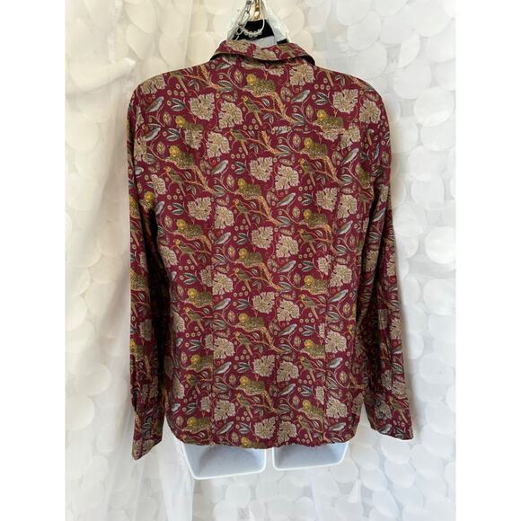 J. Crew Silk Button-Up Shirt in Botanical Cheetah Print Blouse Maroon Red Size 8 - Picture 5 of 12
